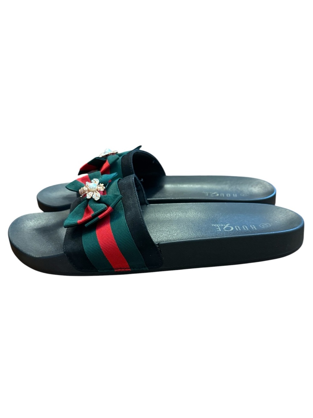 Rouge Helium Bee Bow Slide Sandals Black Striped 12 Rose Gold Rhinestones Pearl - Picture 6 of 12